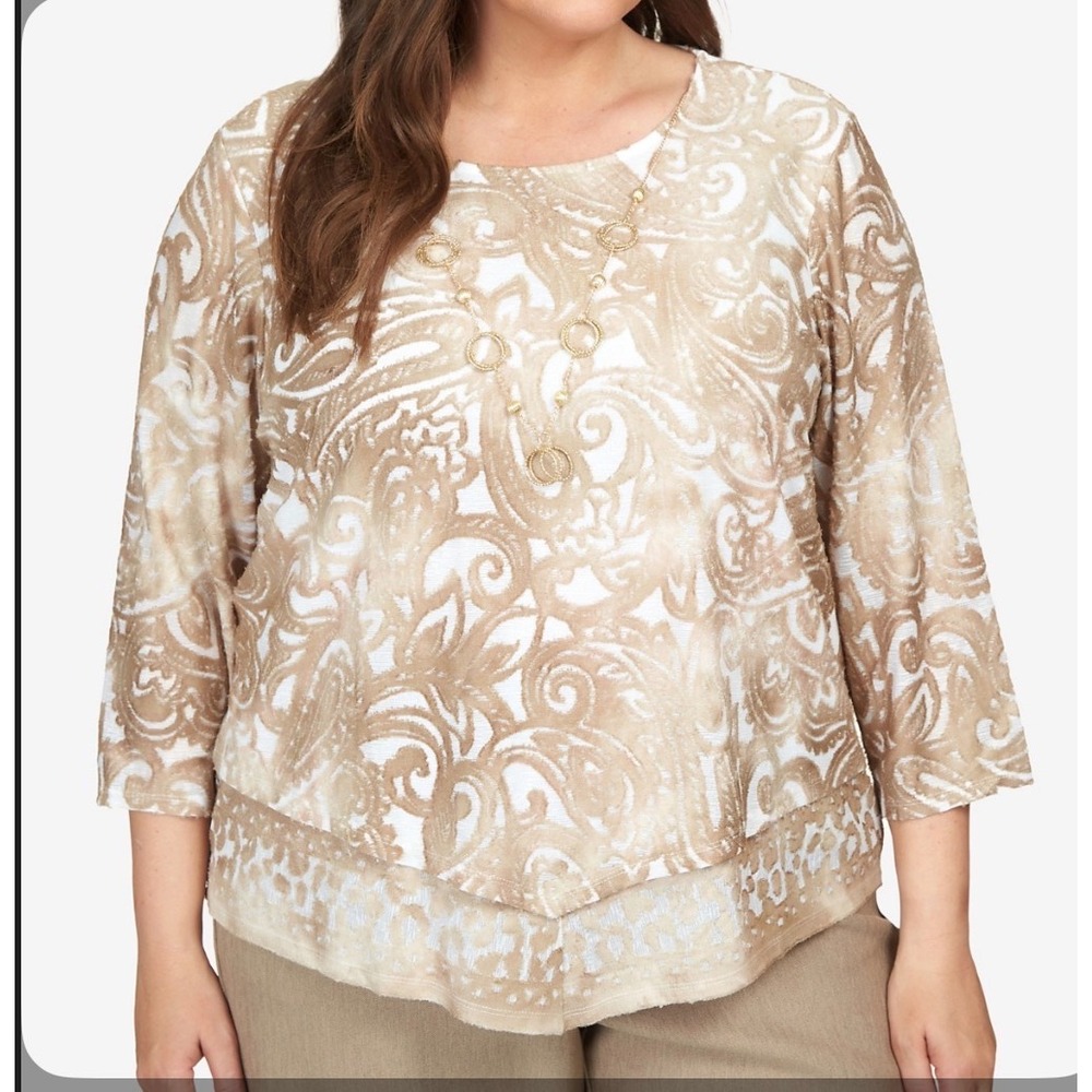 Alfred Dunner Mulberry‎ Street Paisley Burnout Top 1X Latte 3/4 Sleeve